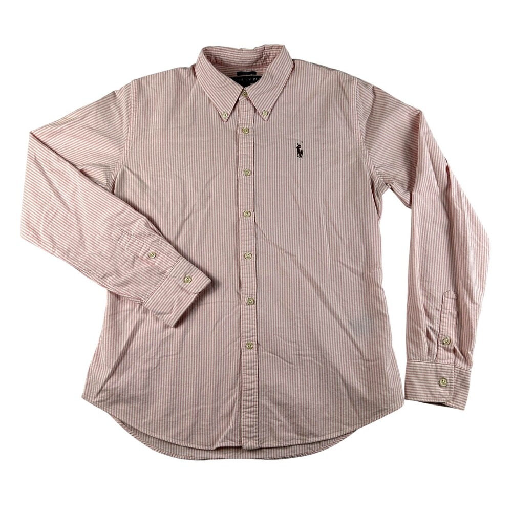Ralph Lauren Shirt Boys 12 Pink Striped Button Down Long Sleeve Flesh Pony Logo